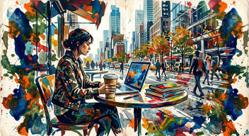 Decalcomania style — AI-generated café scene