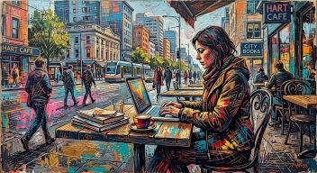 Grattage style — AI-generated café scene