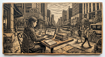 Sgraffito style — AI-generated café scene