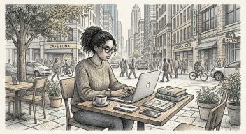 Stippling Mixed Media style — AI-generated café scene