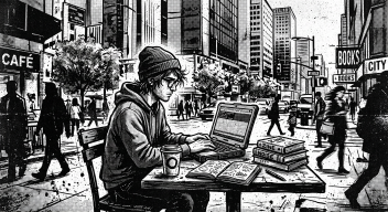 Xerox photocopy aesthetic — AI-generated café scene