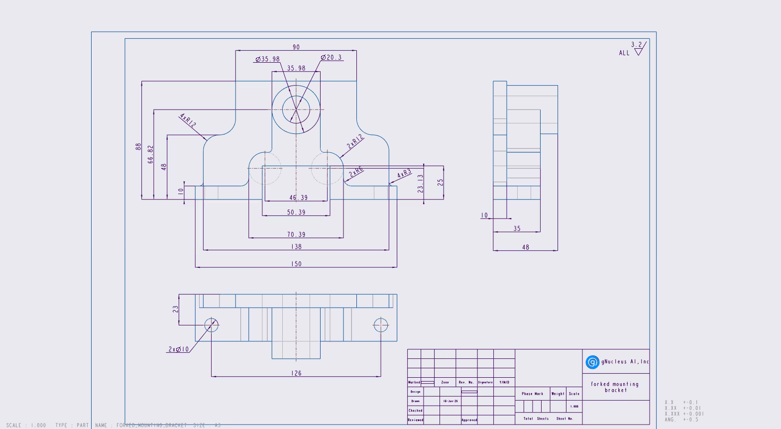 Dimensioned orthographic engineering drawing of a forked mounting bracket