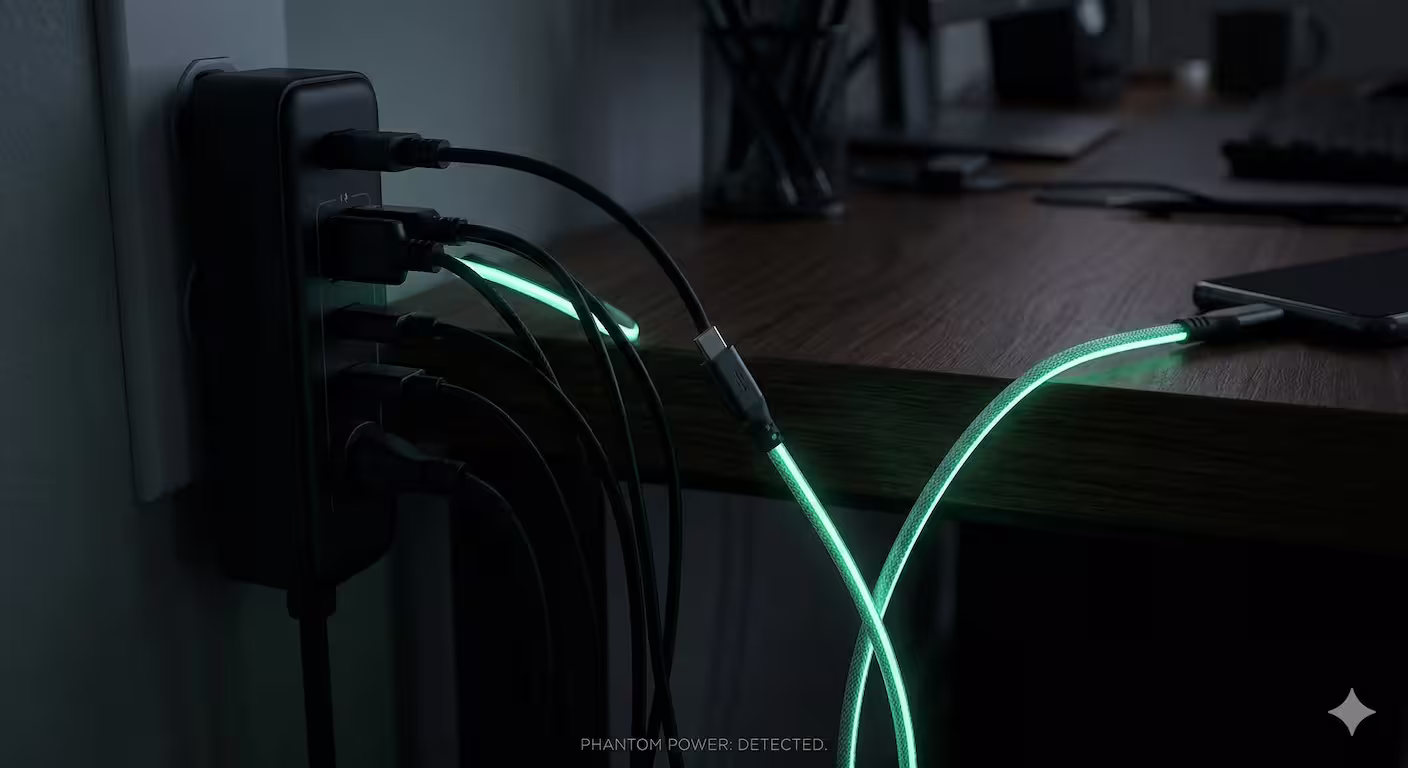 USB cable with phosphorescent strip glowing to show current flow