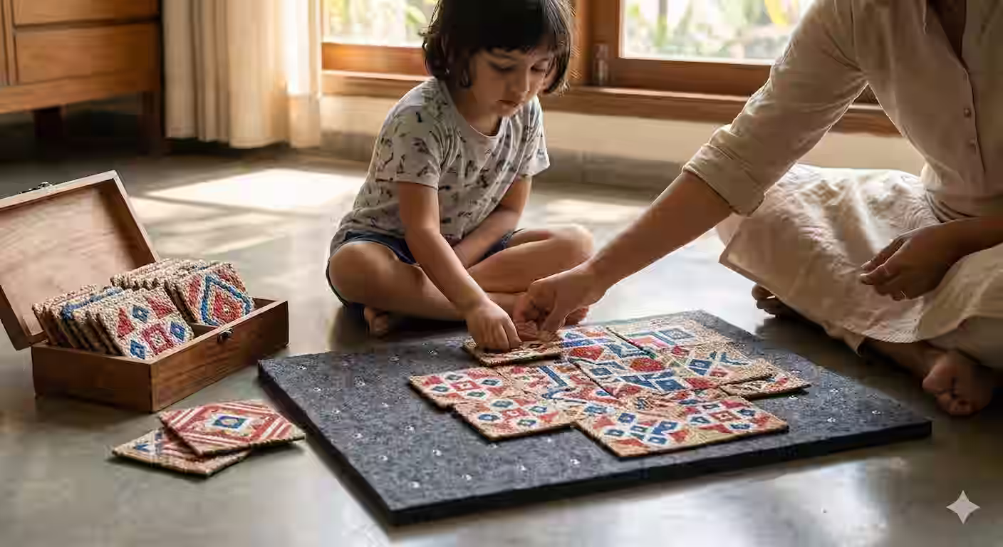Child rearranging tiles to learn geometry and kolam symmetry