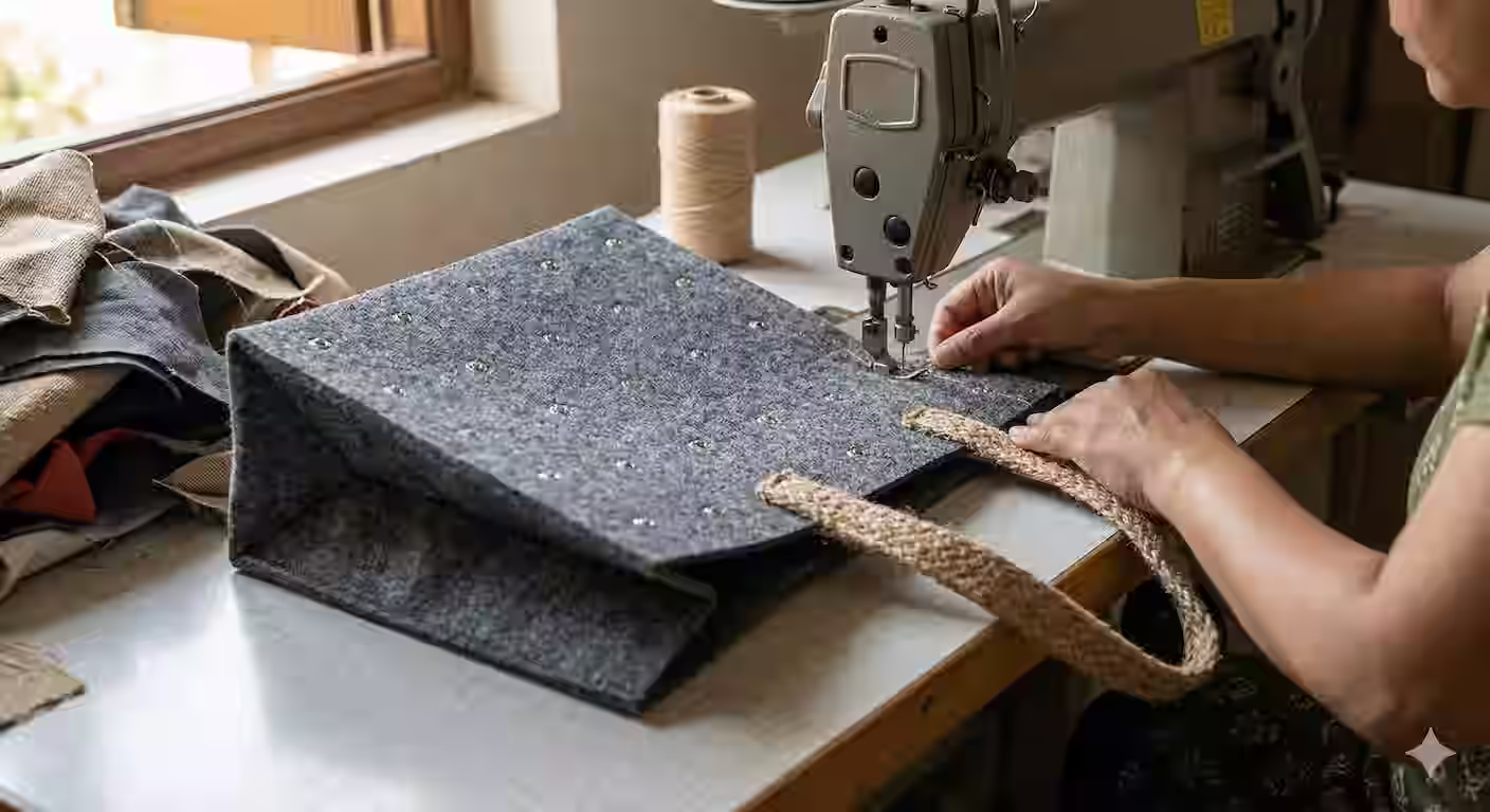 Base mat being sewn into a shopping tote bag