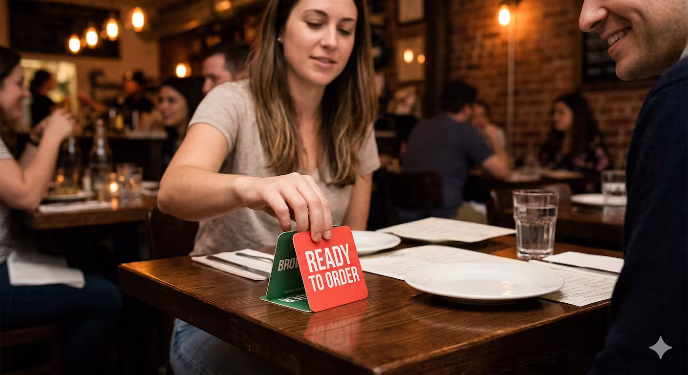 Two-sided coaster: green while browsing, red when ready to order