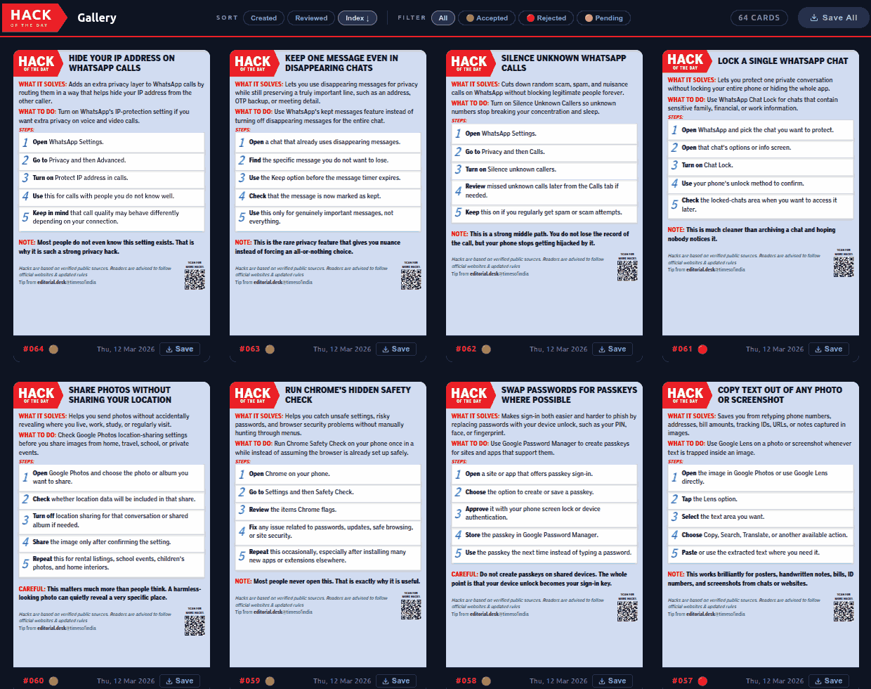 Times of India Hack of the Day cards